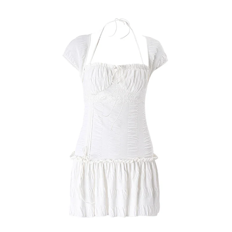 Brownm Brownm Summer Sexy French Low-Cut Square Collar Hanging Neck Tie Design Sense Short Sleeve Pleated Dress Woman