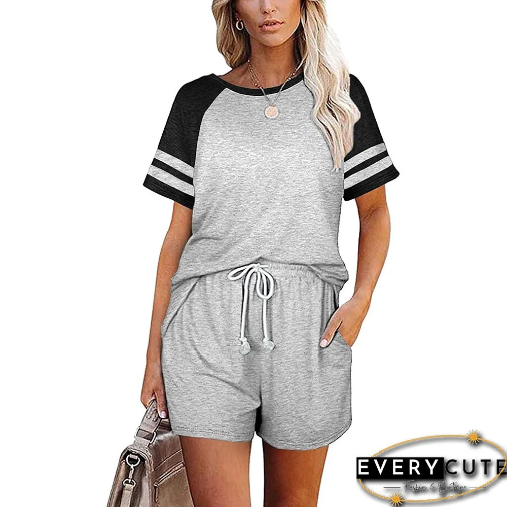 Light Gray Stripes Raglan Sleeve Tee and Shorts Lounge Set