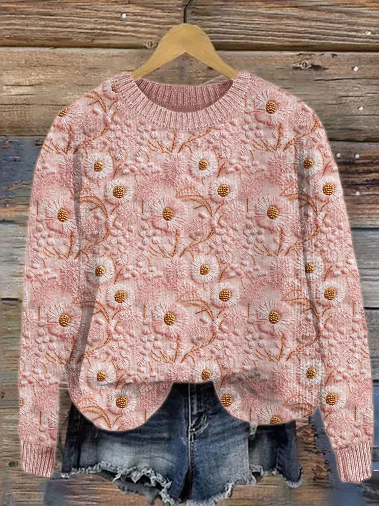 VChics Pink Floral Embroidery Cozy Knit Sweater