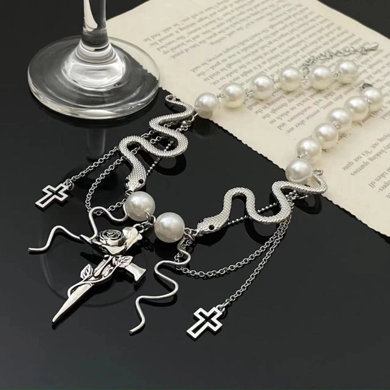 Sweet Cool Style Cross Rose Snake Imitation Pearl Alloy Plating Women's Necklace4