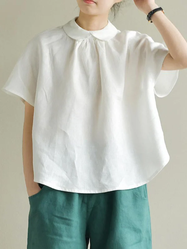 Artistic Retro Short Sleeves Loose Pleated Solid Color Blouses&Shirts Tops