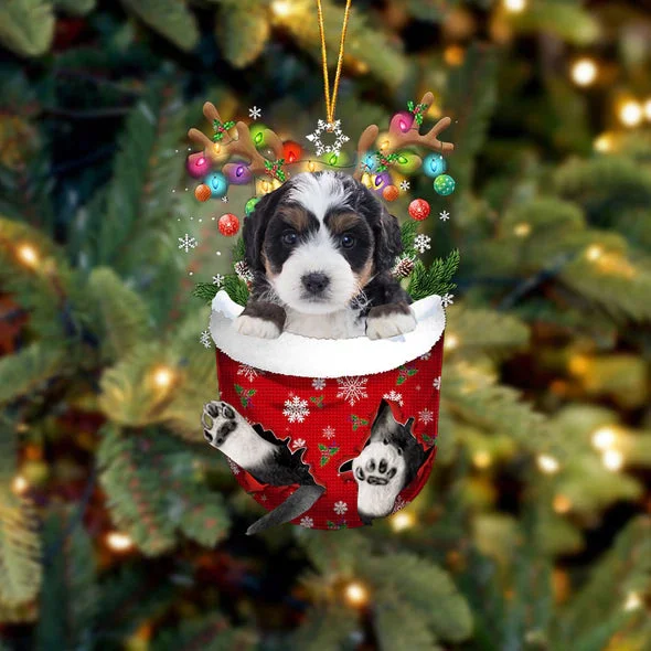 Bernedoodle In Snow Pocket Christmas Ornament.