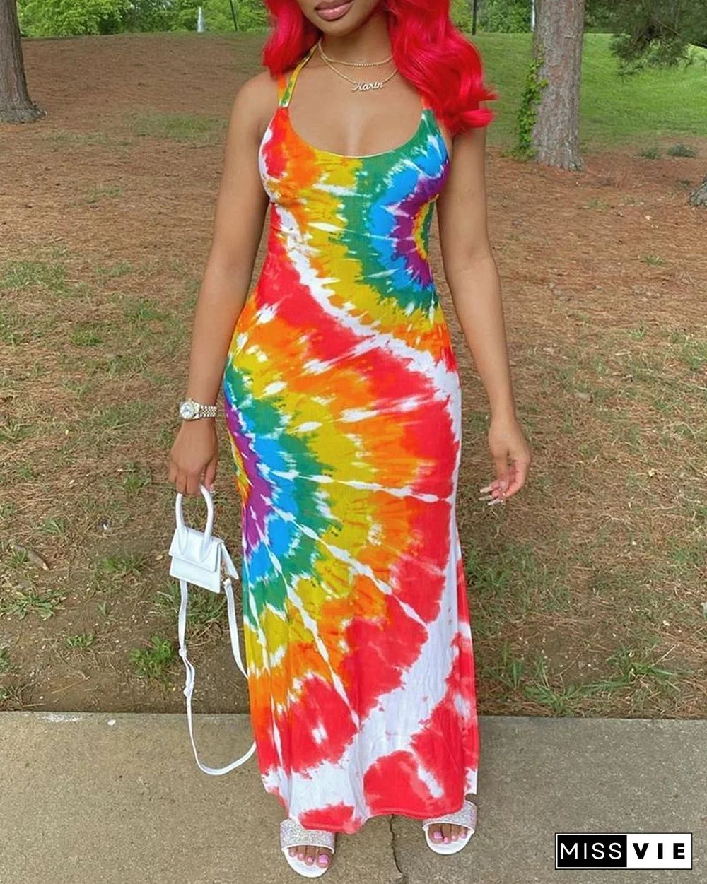 Tie Dye Print Crisscross Back Slit Maxi Dress P15925