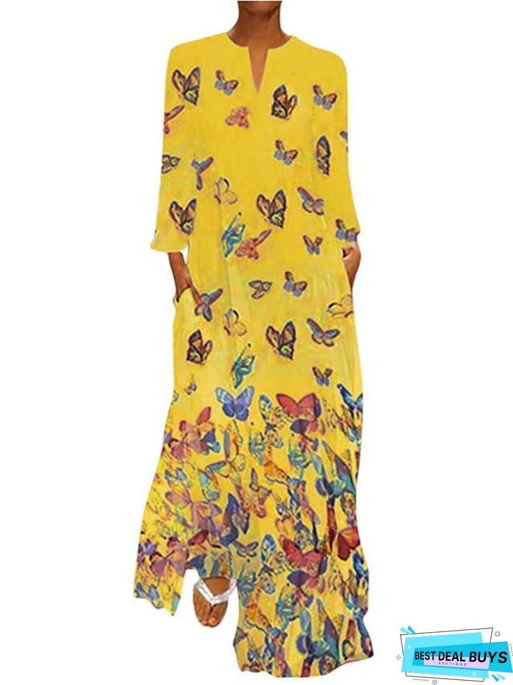 Women's Shift Dress Maxi Long Dress - Long Sleeve Butterfly Spring Fall Hot Loose White Yellow Blushing Pink Light Blue