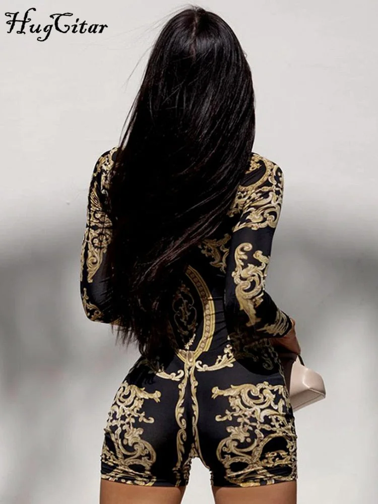 Hugcitar Classical Print O Neck Long Sleeve Playsuit 2022 New Year Sexy Slim Sports Elegant Casual Streetwear Concise Y2K