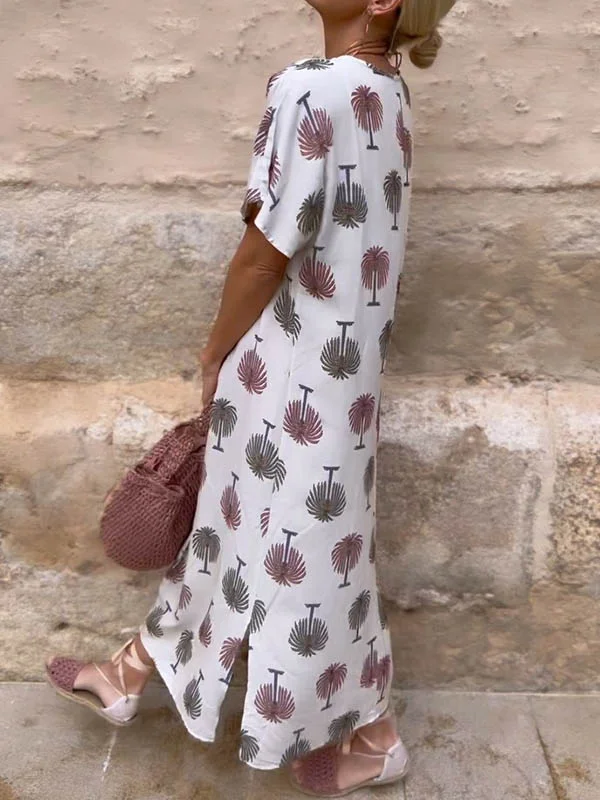 Floral Printed Loose Short Sleeves Round-Neck Maxi Dresses