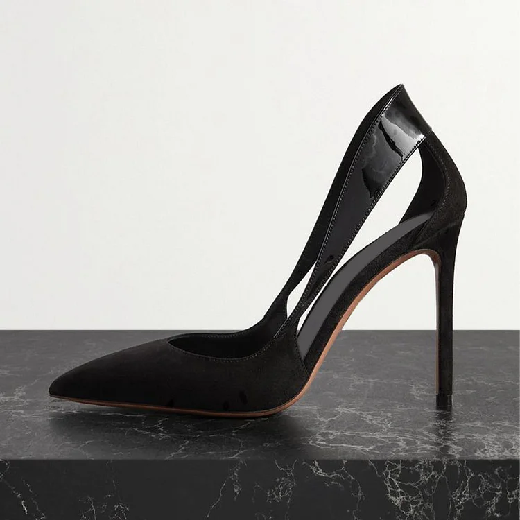 Sensual Metal Bar Detail Pointed Toe Patent Leather Stiletto Pumps - Black, EU 36 - US 5 / Black