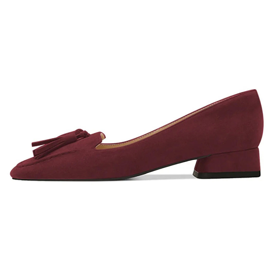 Burgundy Vegan Suede Tassel Decor Pumps Heels with Square Toe