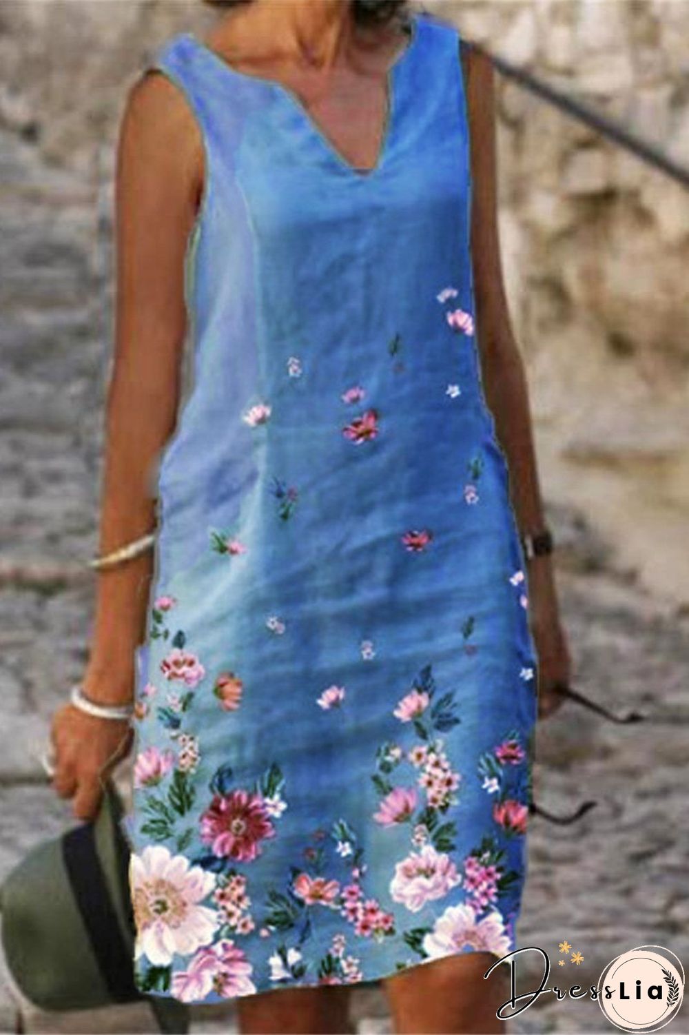 V-Neck Sleeveless Floral Print Dress