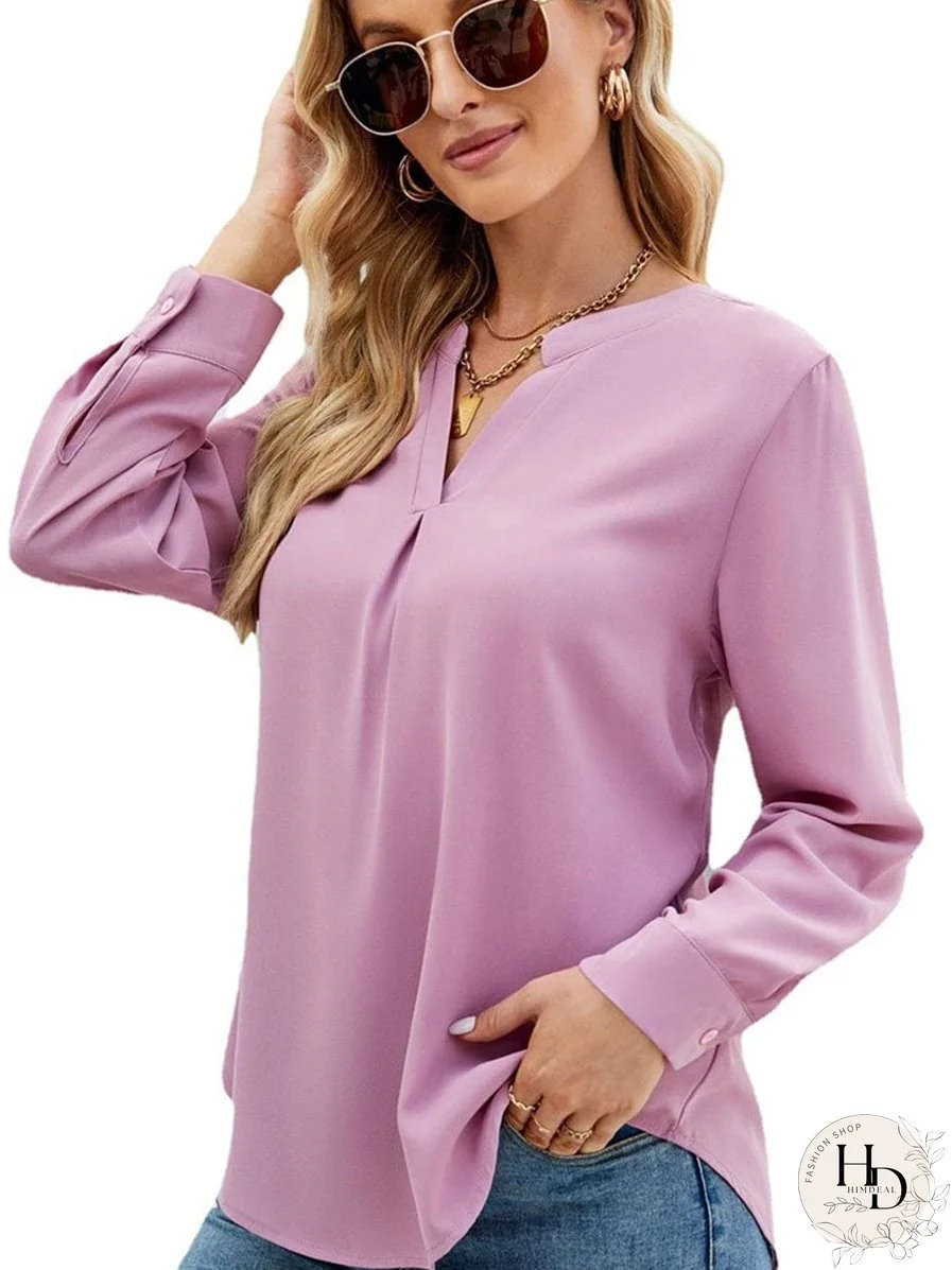 Solid Color Chiffon Loose V-Neck Long Sleeve T-Shirt