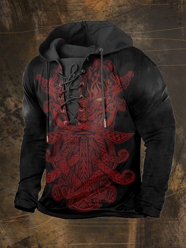 Men's Outdoor Vintage Vikings Print Lace-Up Hoodie