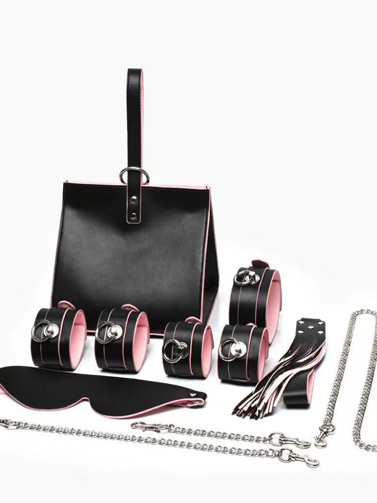 pornhint Pornhint Black Pink Bondage Restraint Kit 8in 1 storage bag Leather Wrist & Ankle Cuffs, Choker Leash, Flogger, Blindfold BDSM Bondage Sex Toys lego butt plug