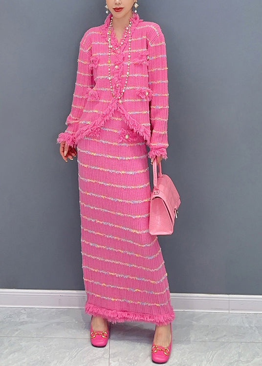 VCSHOES Pink Striped Tasseled Patchwork Knit Two Pieces Set Fall