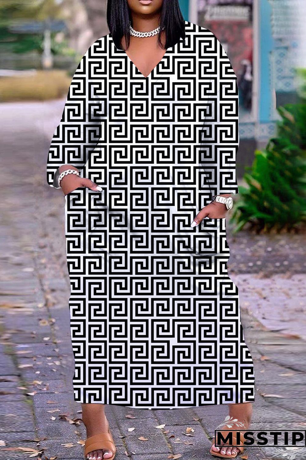 Black Street Plaid Print Patchwork V Neck Straight Dresses