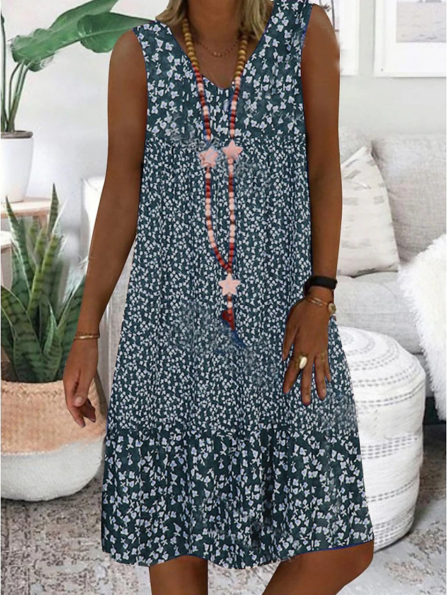 Mature Women Summer V-neck Small Floral Print Sleeveless Dress