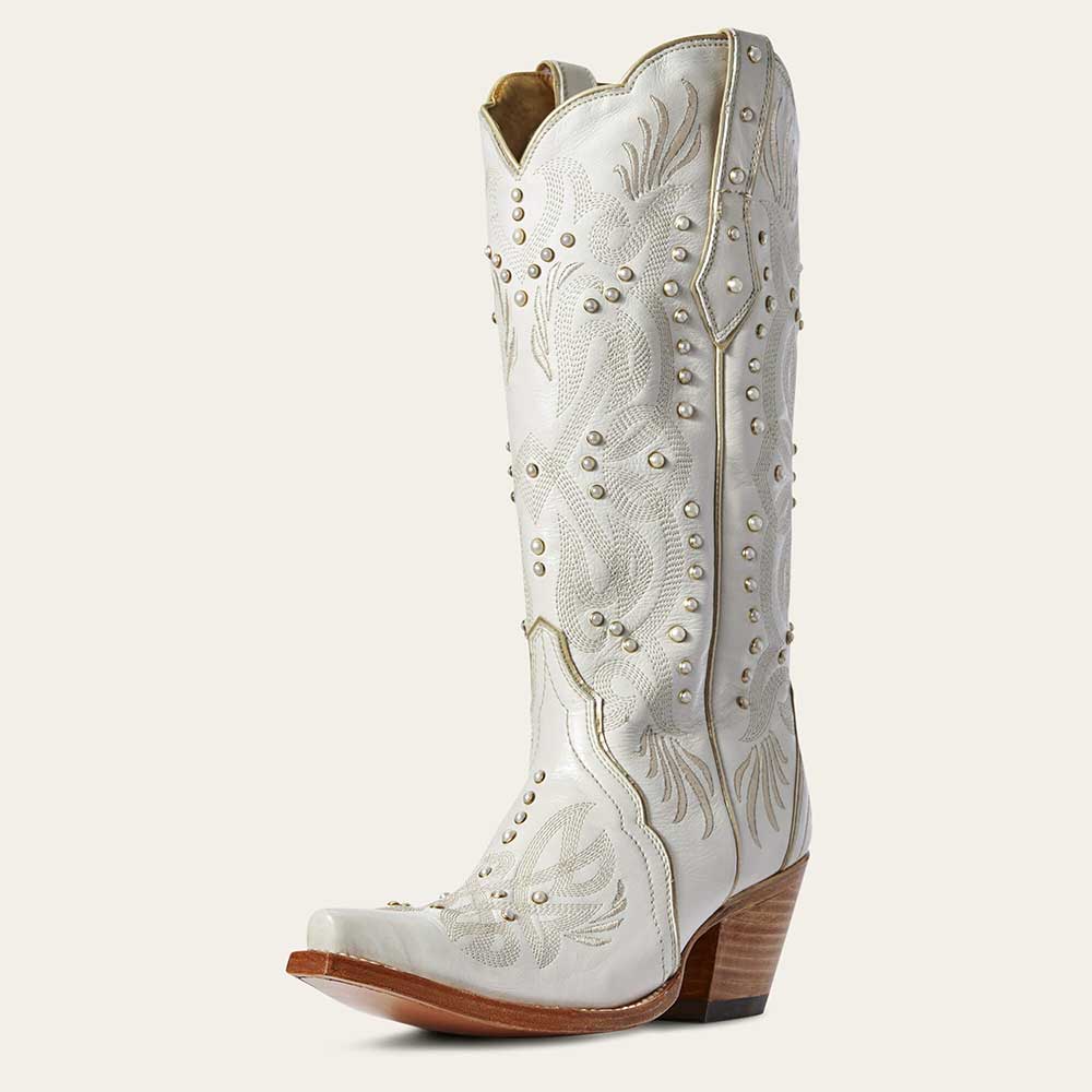 Elegant White Snip Toe Embroidered Mid-Calf Cowgirl Boots with Pearls Nicepairs