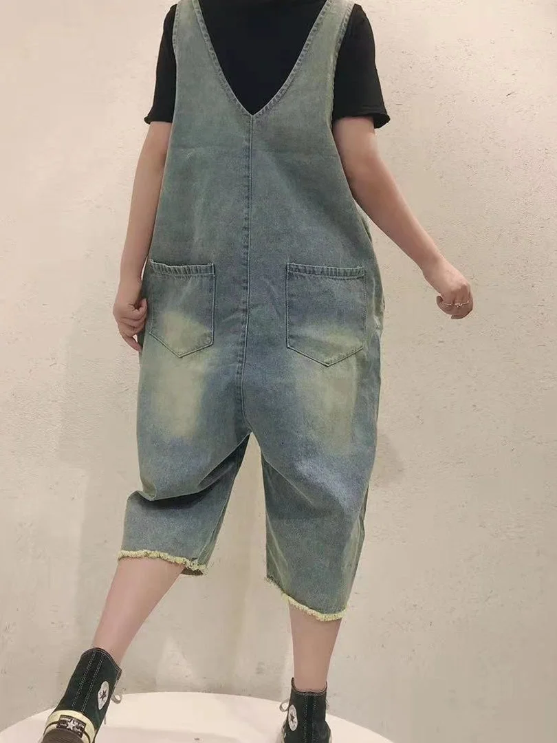 Women's Loose Hole Casual Retro Cropped Workwear Denim Overalls Jumpsuit