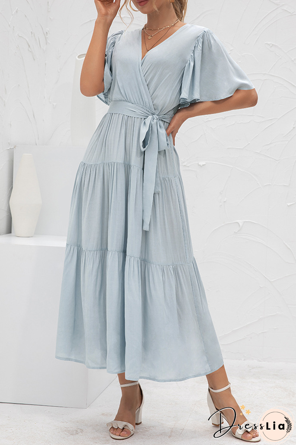 Elegant Solid Split Joint With Belt V Neck Cake Skirt Dresses(4 Colors)