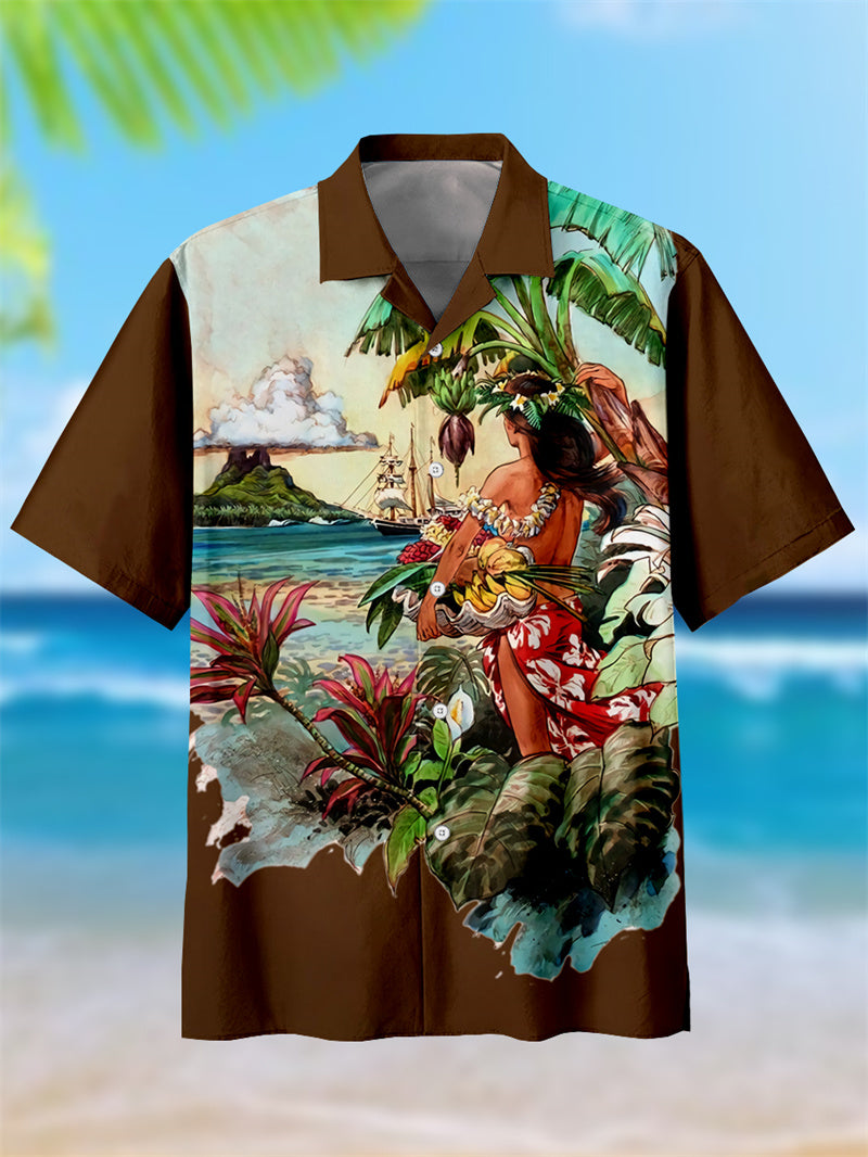 Men's Hawaiian Tiki Art Cuban Collar Short Sleeve Shirt PLUSCLOTHESMAN