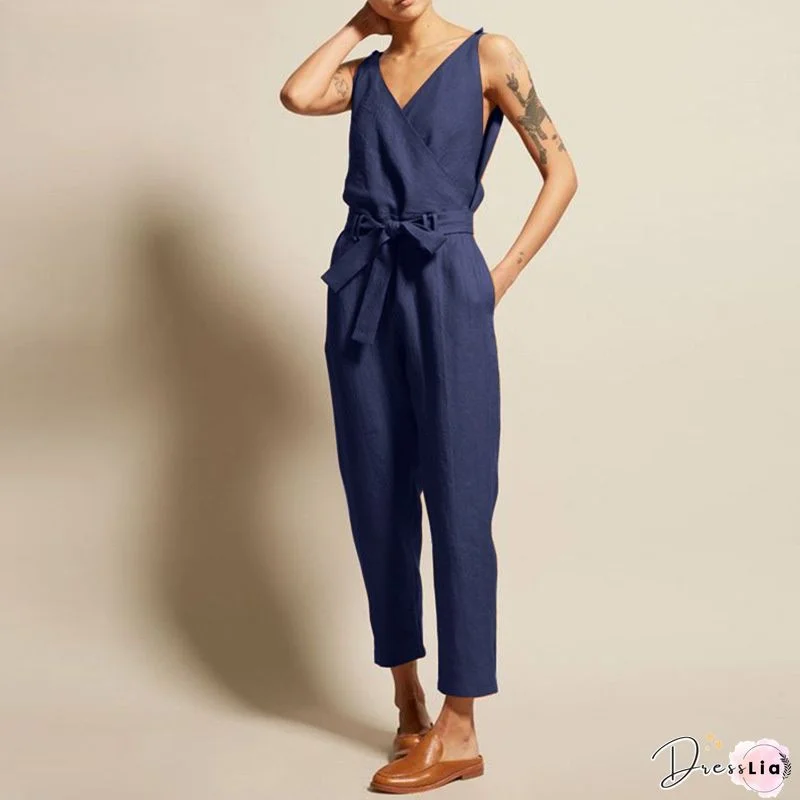 Sleeveless Denim Jumpsuit With Belt