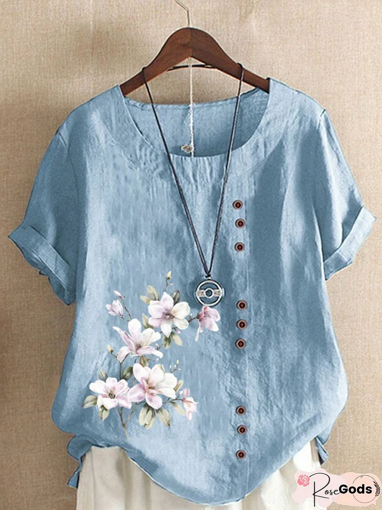 Buttoned Floral Short Sleeve Tops