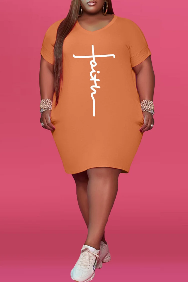Orange Fashion Casual Print Basic V Neck Short Sleeve Dress