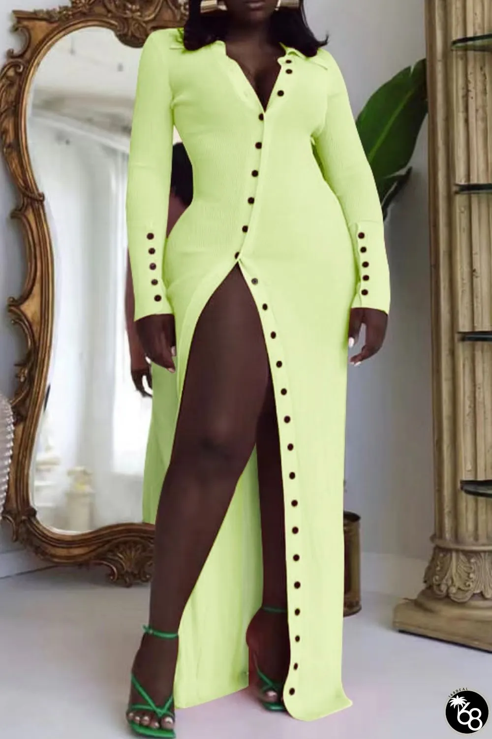 Light Green Casual Solid Patchwork V Neck Long Sleeve Dresses | 168DEAL