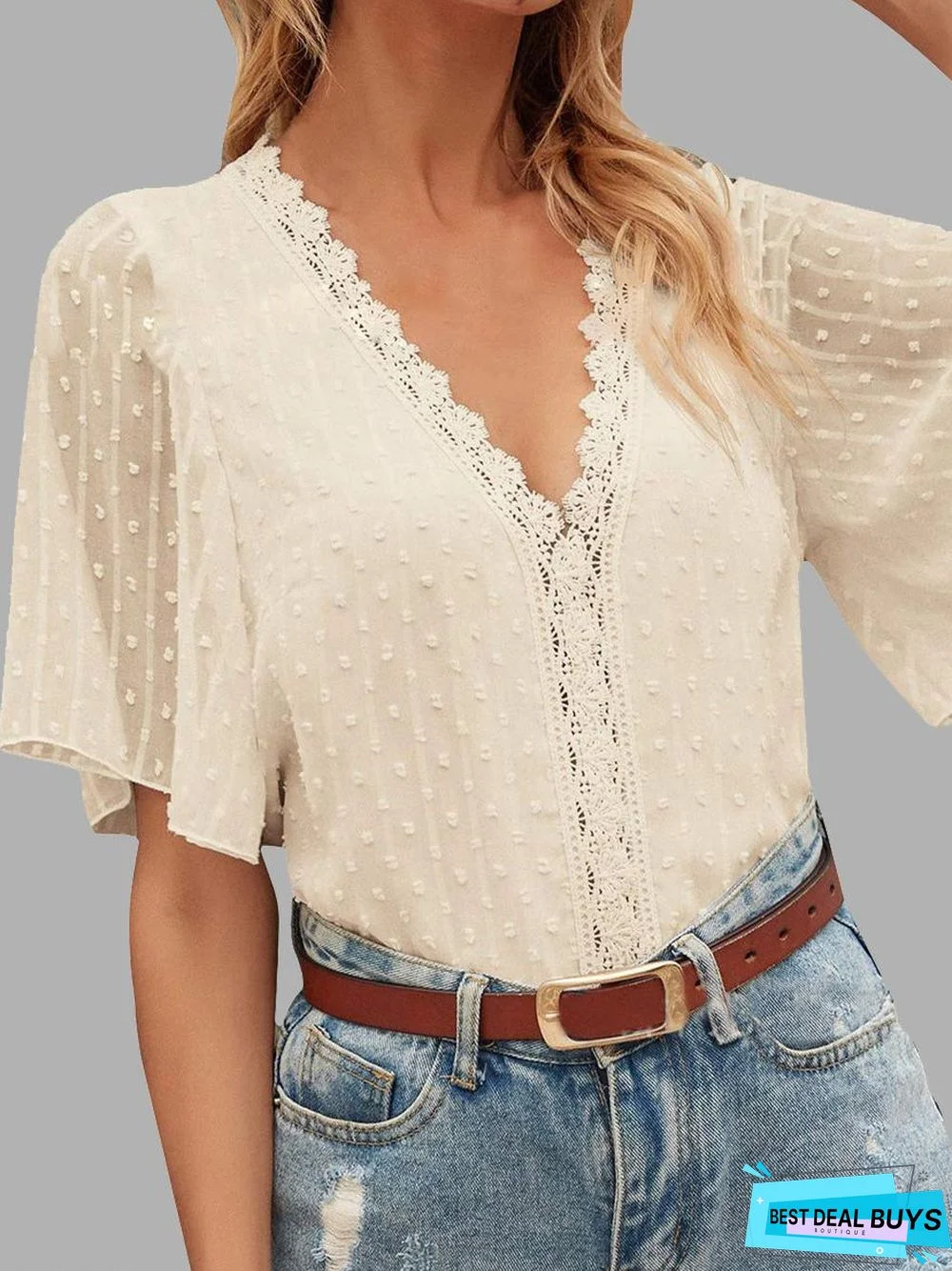 Casual Solid Color Lace V-Neck Short Sleeve Blouse