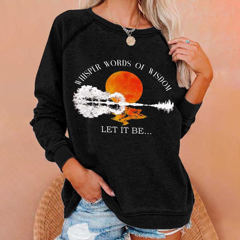 Hippie Guitar Lake Whisper Words Of Wisdom Let It Be Print Crew Neck Sweatshirt wearshes
