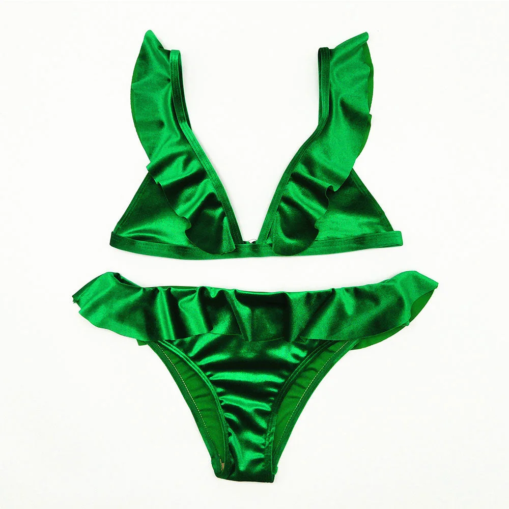 2019 Women Swimsuit Ruffled Bikini Set Glossy Ice Feeling Velvet Biquini Swim Low Waist Push Up Bathing Suit Thong Swimwear