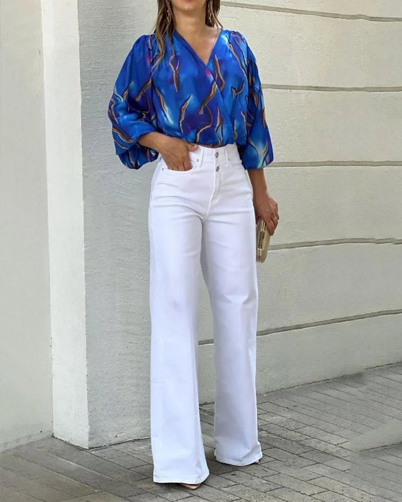 Printed Shirt Top White Pants Set