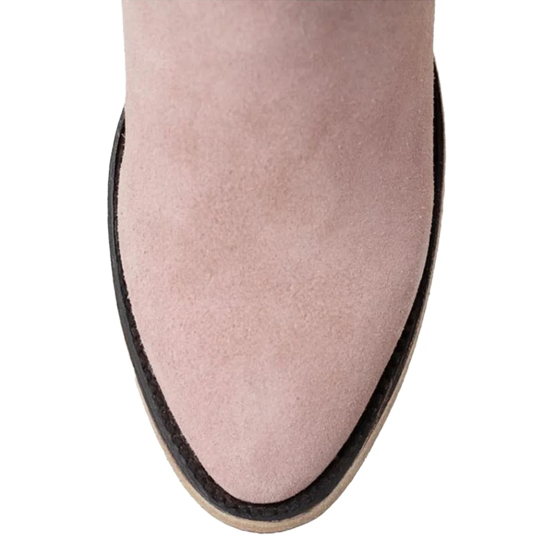 Light Pink Faux Suede Round Toe Side-Zip Ankle Boots with Block Heel