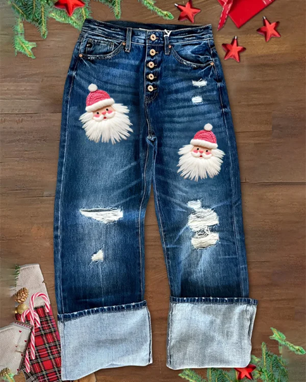 Pink Santa Print High Rise Ripped Jeans