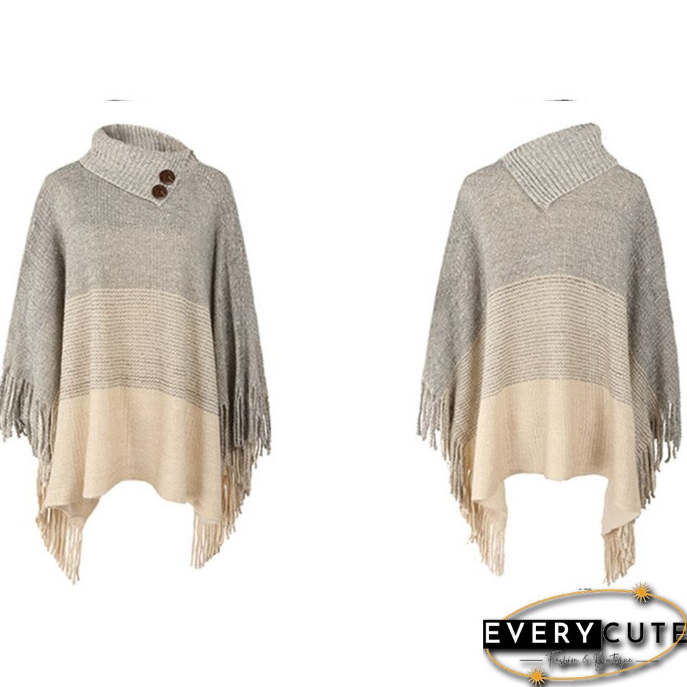 Women's Tassel Design Casual Shawl Cloak Coat Color Block Hooded Knitted Cloak And Shawl Top