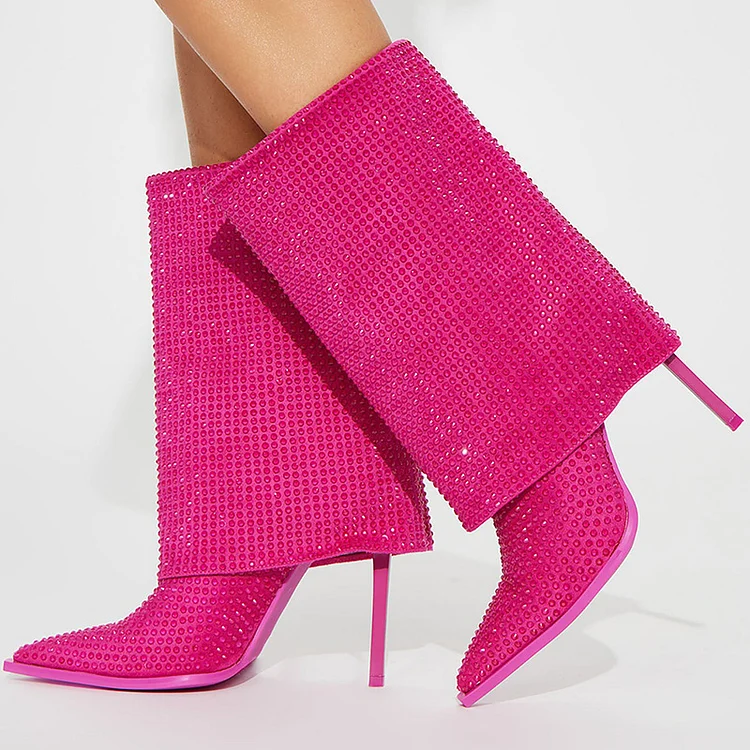 Hot Pink Pointed Toe Stiletto Heel Fold-Over Boots with Rhinestone |FSJ Shoes
