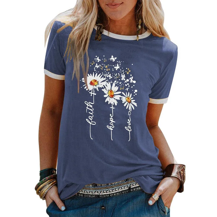 Faith Hope Love daisy T-shirt Tee - #541348-Annaletters