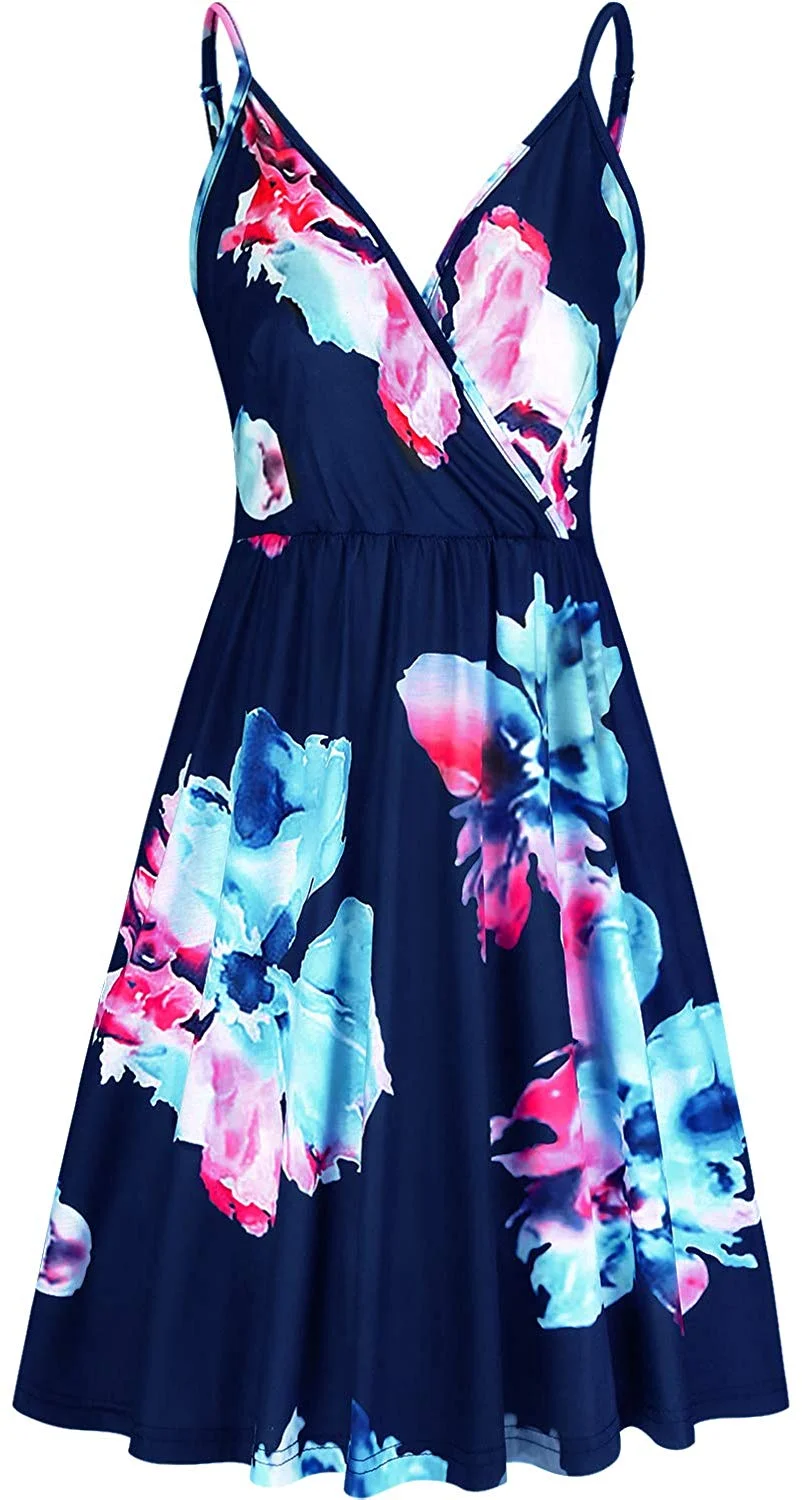 V Neck Swing Dress Floral Spaghetti Strap Summer Casual Swing Dress with Pocket