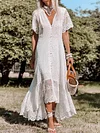 White Color Lace Split-Joint Short Sleeves Midi Dress