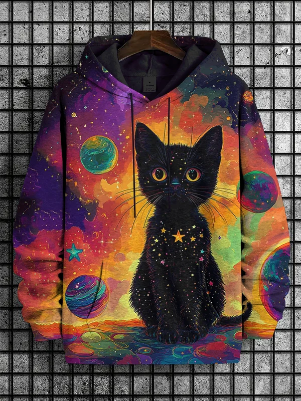 Men's Planet Cat Art Print Hooded Sweatshirt