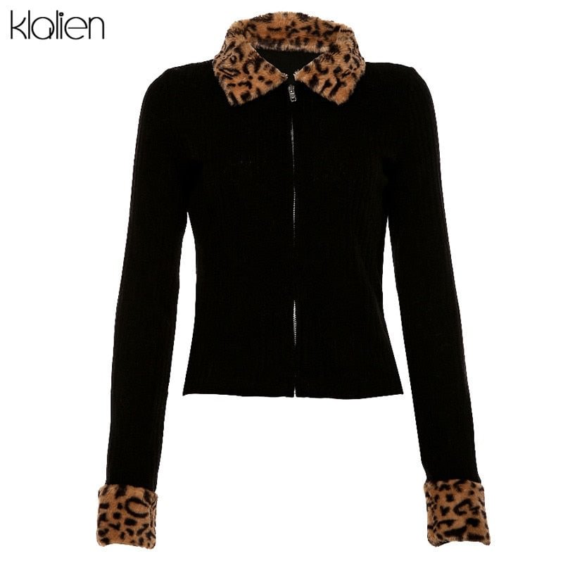 KLALIEN Autumn Winter Zipper Leopard Women Jackets Female Sweater Coat New Black Turndown Collar Long Sleeve Outerwear Hot Sale