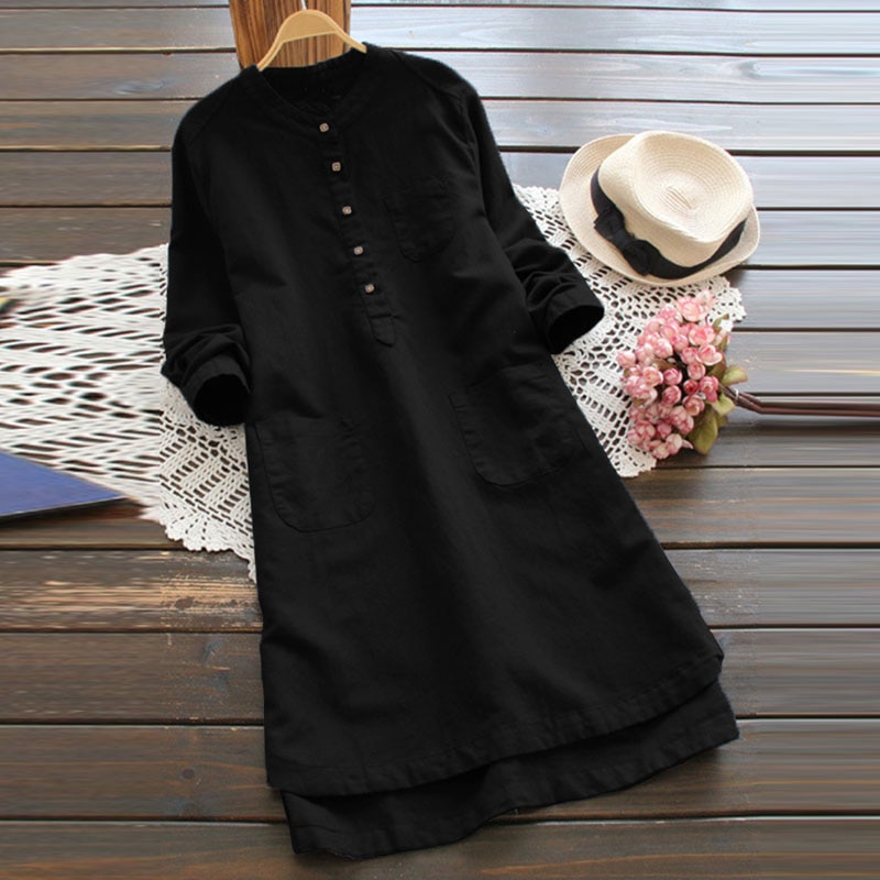 Women Vintage Long Sleeve Solid Mini Dress 2021 Autumn Cotton Linen Shirt Vestido Casual Long Top Blusas Robe Femininas