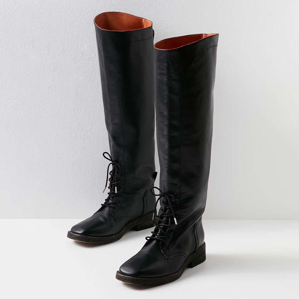 Black Square Toe Studded Over The Knee Boots with Lace-Up Details Nicepairs