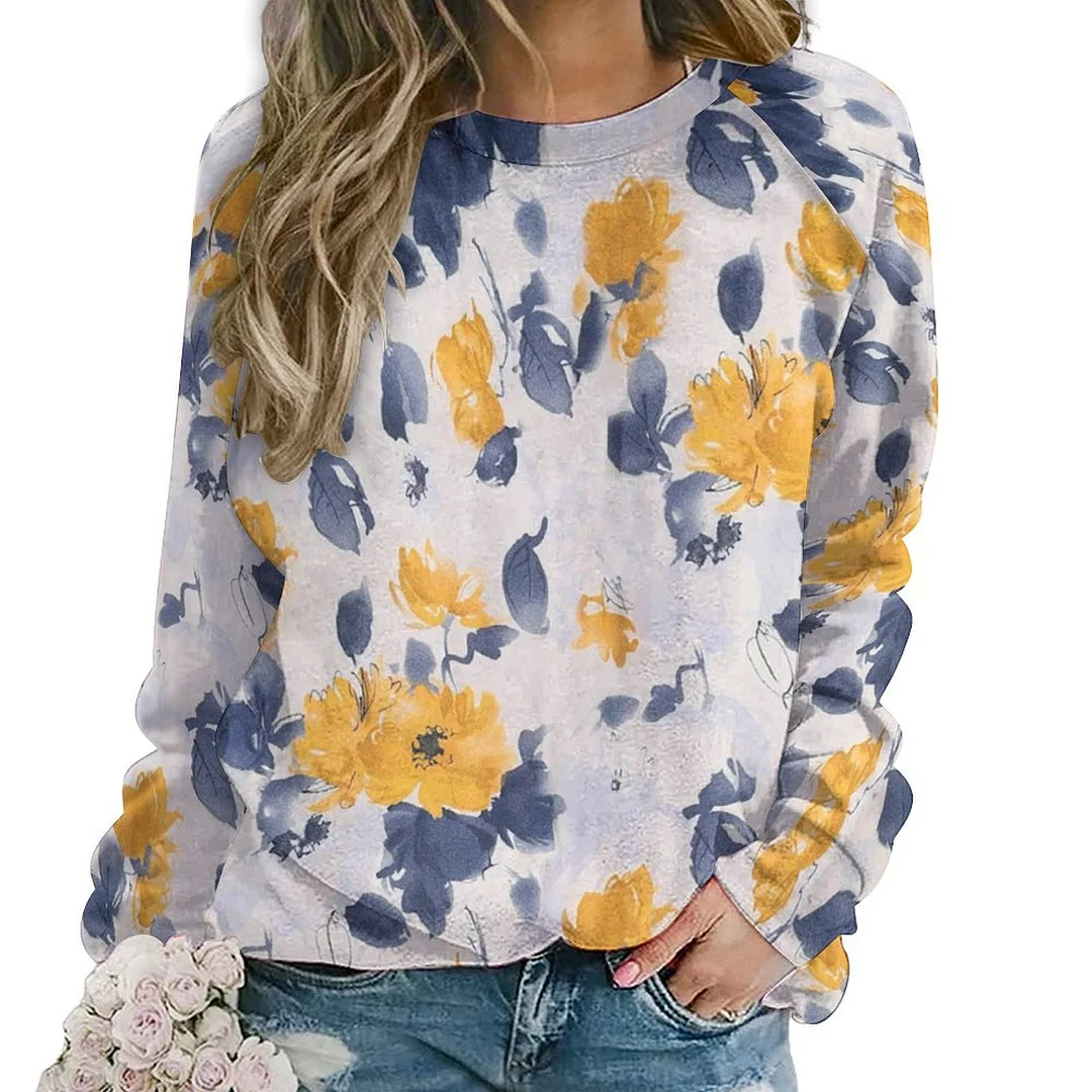 Printed Long Sleeve Casual Sweatshirt for  Women and Men Unisex Pattern Floral, Yellow