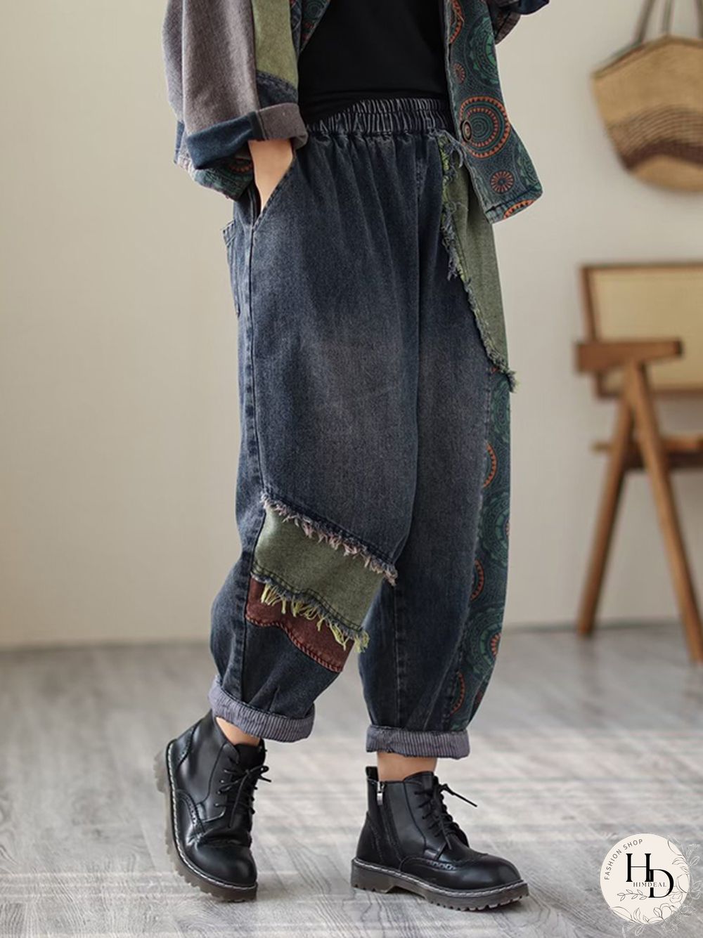 Contrast Color Fringed Split-Joint Long Sleeves Printed Outwear Harem Pants Two Pieces Set