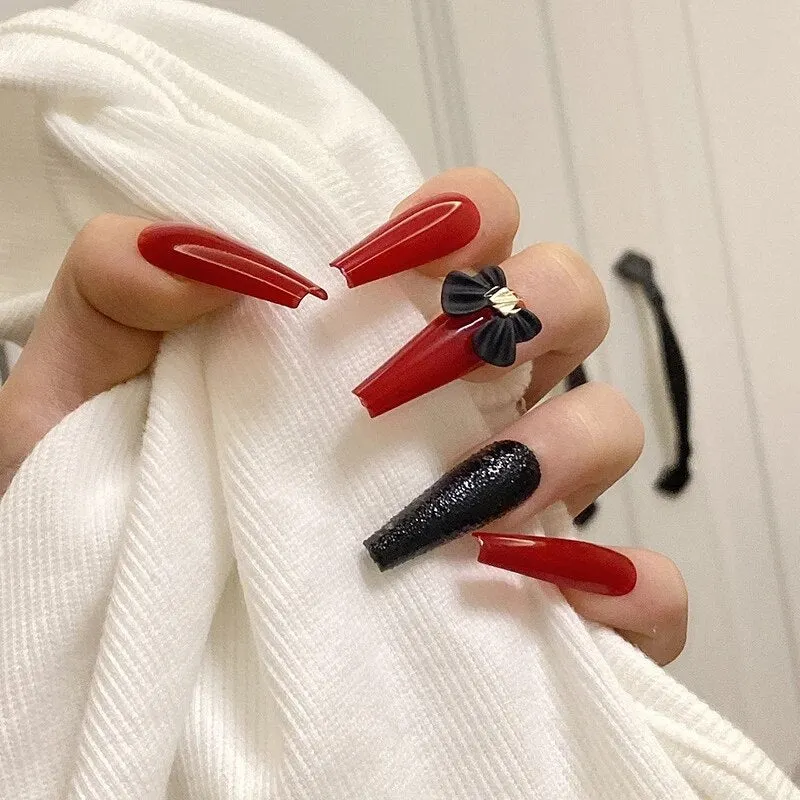 24pcs Rose Pattern Red Wine False Nail Fake Nails Coffin Glossy Press On Nails False Girls Ballerina full cover Fingernails Tips-Nail Inspo