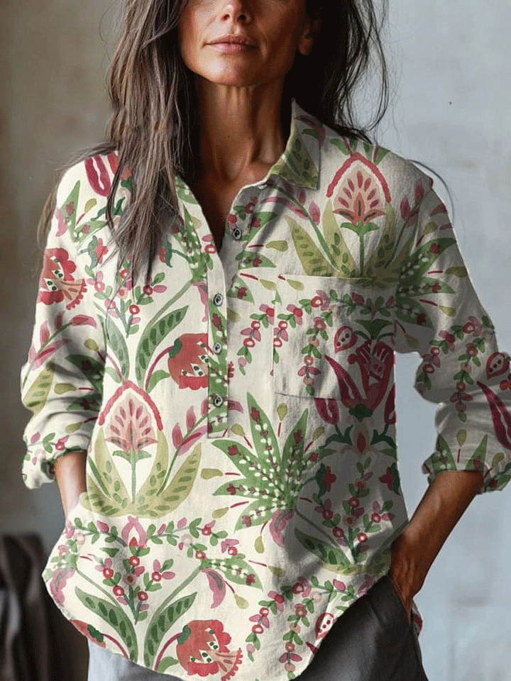 Women's   Flowers  Art Print Casual Cotton And Linen Shirt