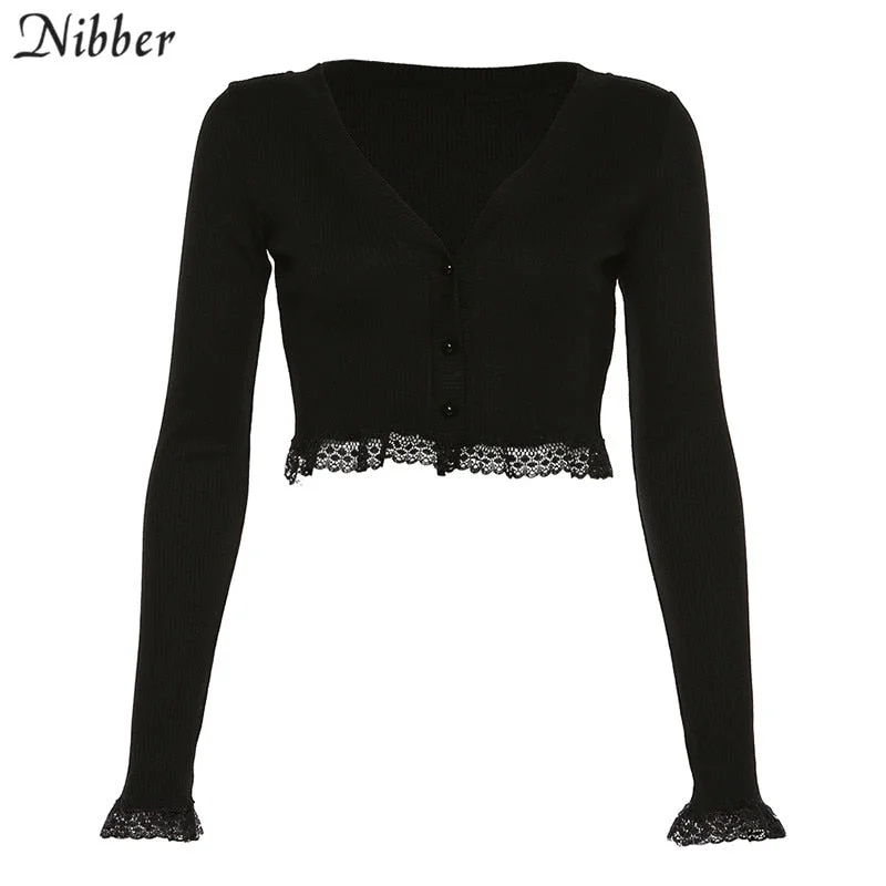 Nibber fall winter pure knitting lace crop tops women black white V-neck T-shirt 2019 wild stretch Slim office street tees mujer