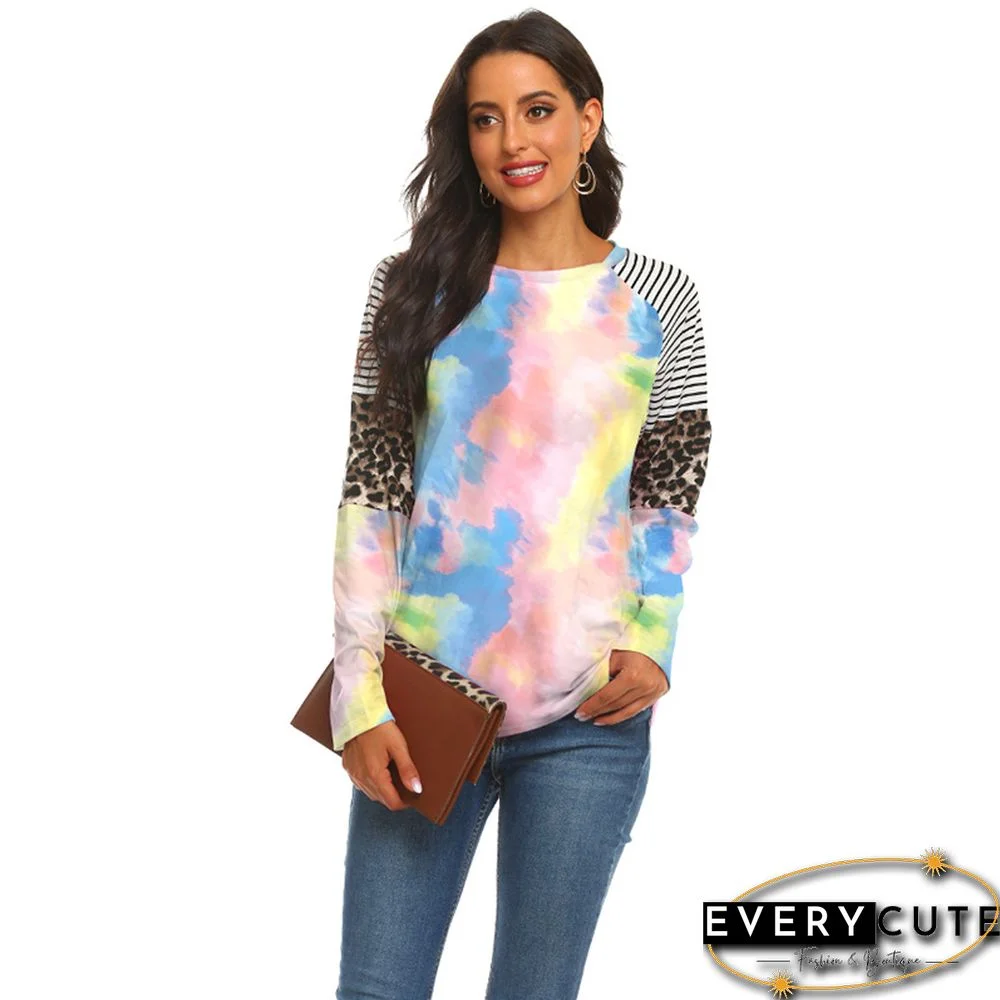 Multicolor Tie Dye Splice Stripes and Leopard Long Sleeve Top