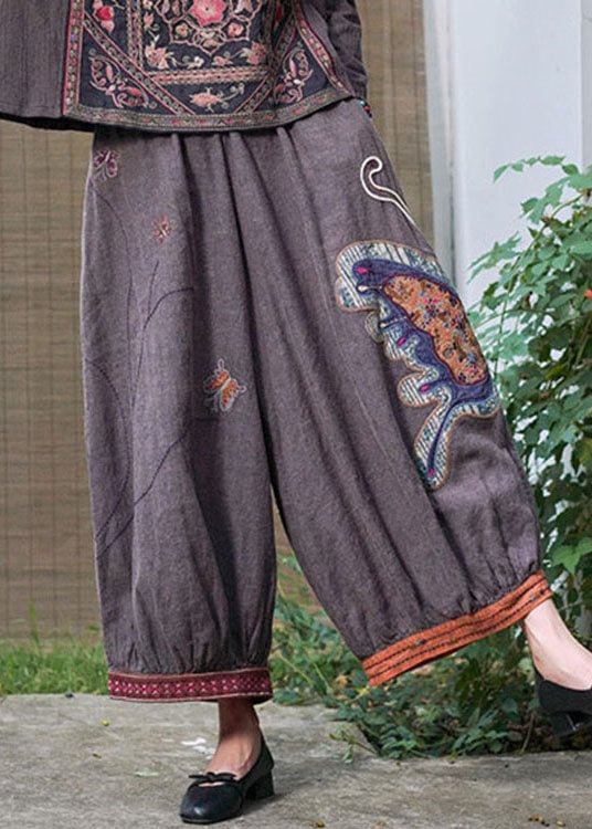 Boho Purple retro Embroideried Oriental lantern Casual Fall Pants Trousers CK554- Fabulory