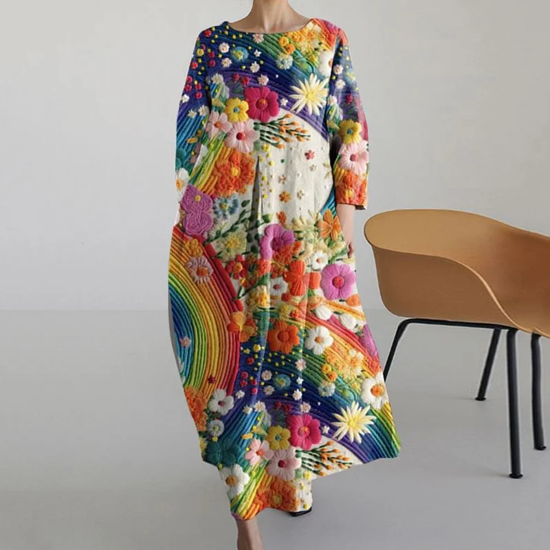 Colorful Embroidered Floral Art Vintage Long Sleeve Midi Dress